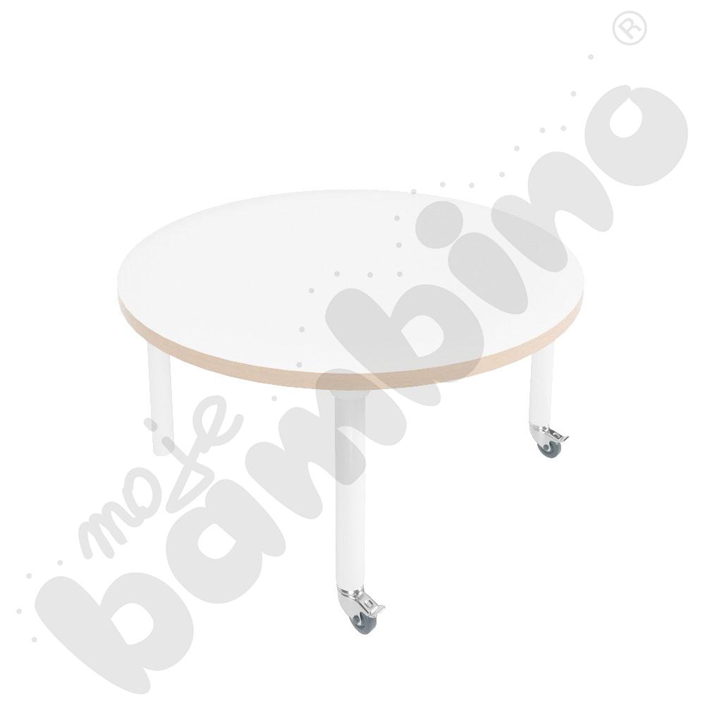 Stół Marcus śr. 90 cm, rozm. 1, nogi drewniane białe z 2 kółkami, blat HPL biały, obrzeże ABS