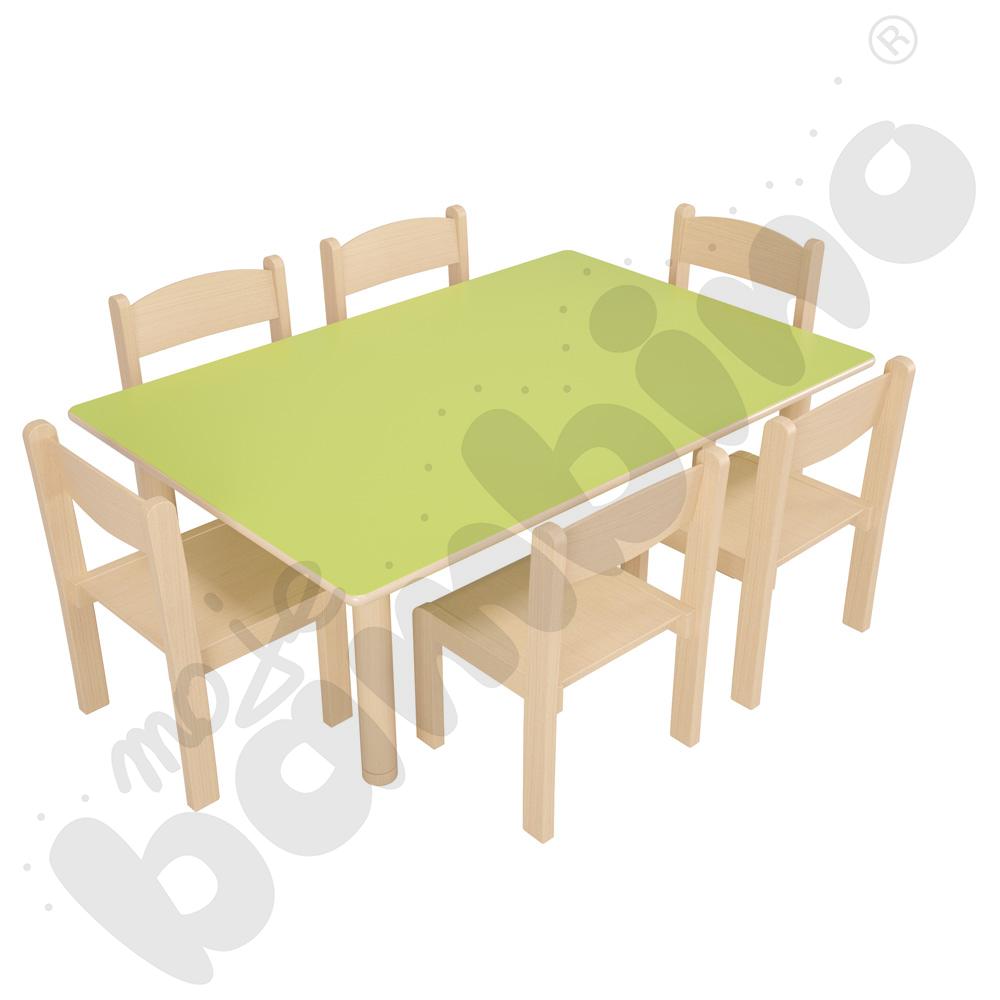 Stół Flexi prostokątny zielony z 6 krzesłami Filipek bukowymi, rozm. 1
