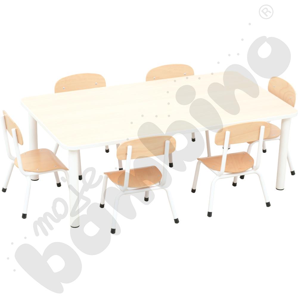Stół Bambino prostokątny z białym obrzeżem z 6 krzesłami Bambino białymi, rozm. 0