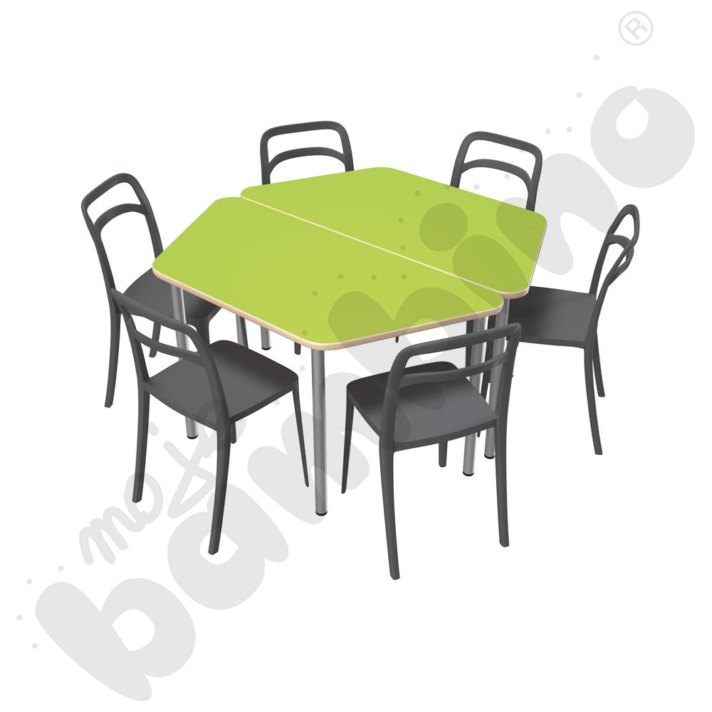 Stół Mila trapezowy jasnozielony HPL z 6 krzesłami Leon szarymi, rozm. 6