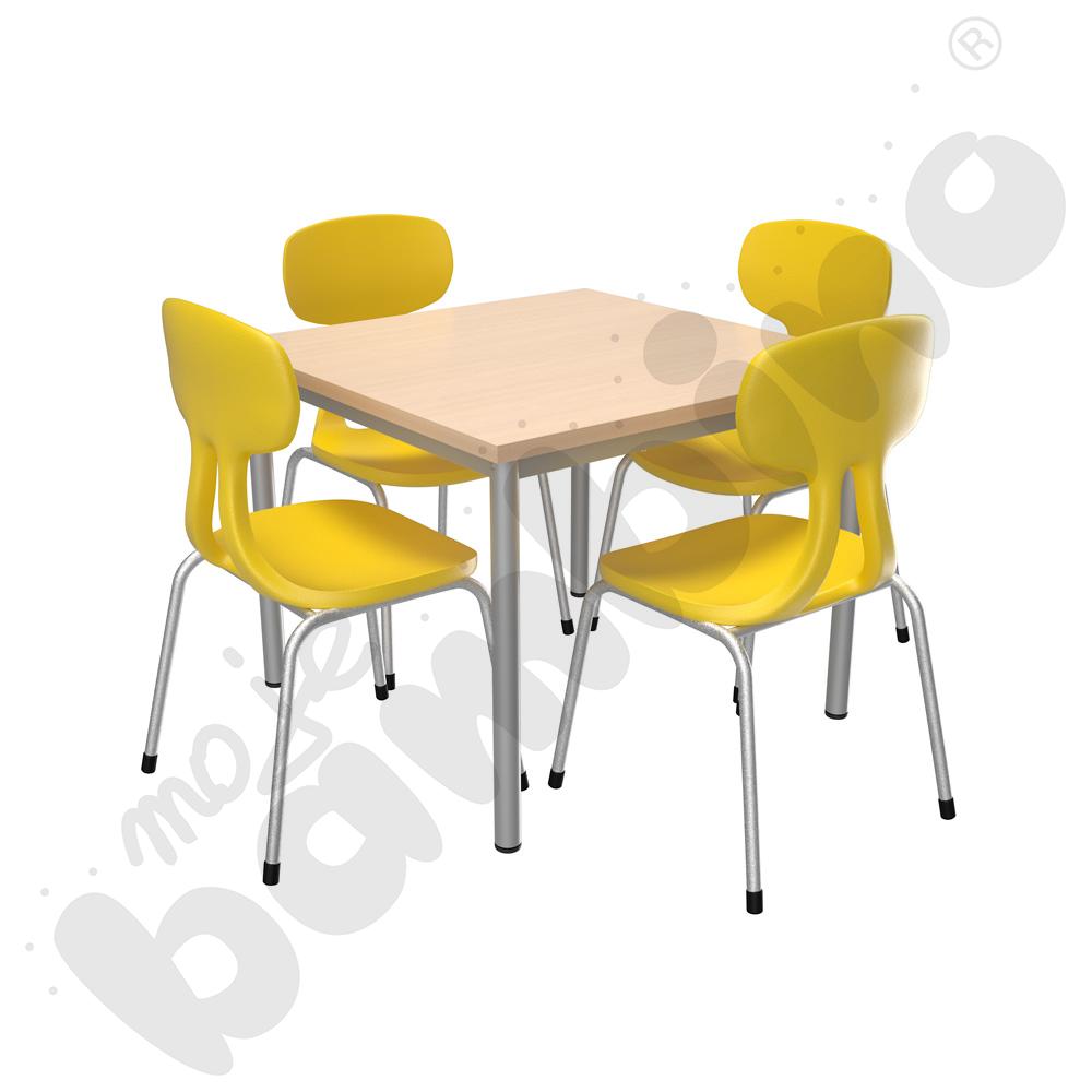 Stół Mila 80 x 80 klon z 4 krzesłami Colores żółtymi, rozm. 4