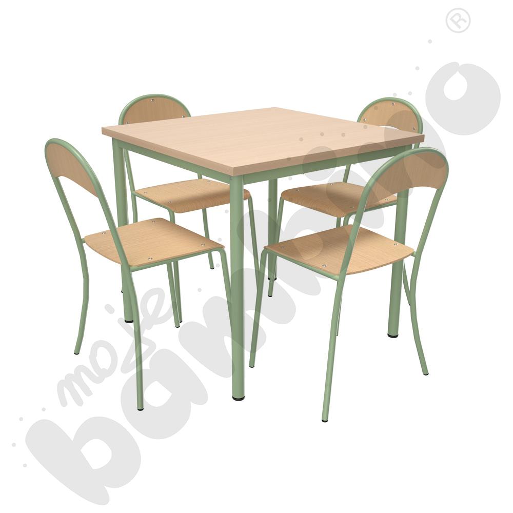 Stół Mila 80 x 80 klon z 4 krzesłami P, rozm. 6, oliwkowe