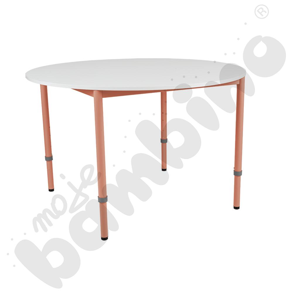 Stół Mila okrągły 120 cm, z reg. wys. 1-4, blat biały, stelaż łososiowy