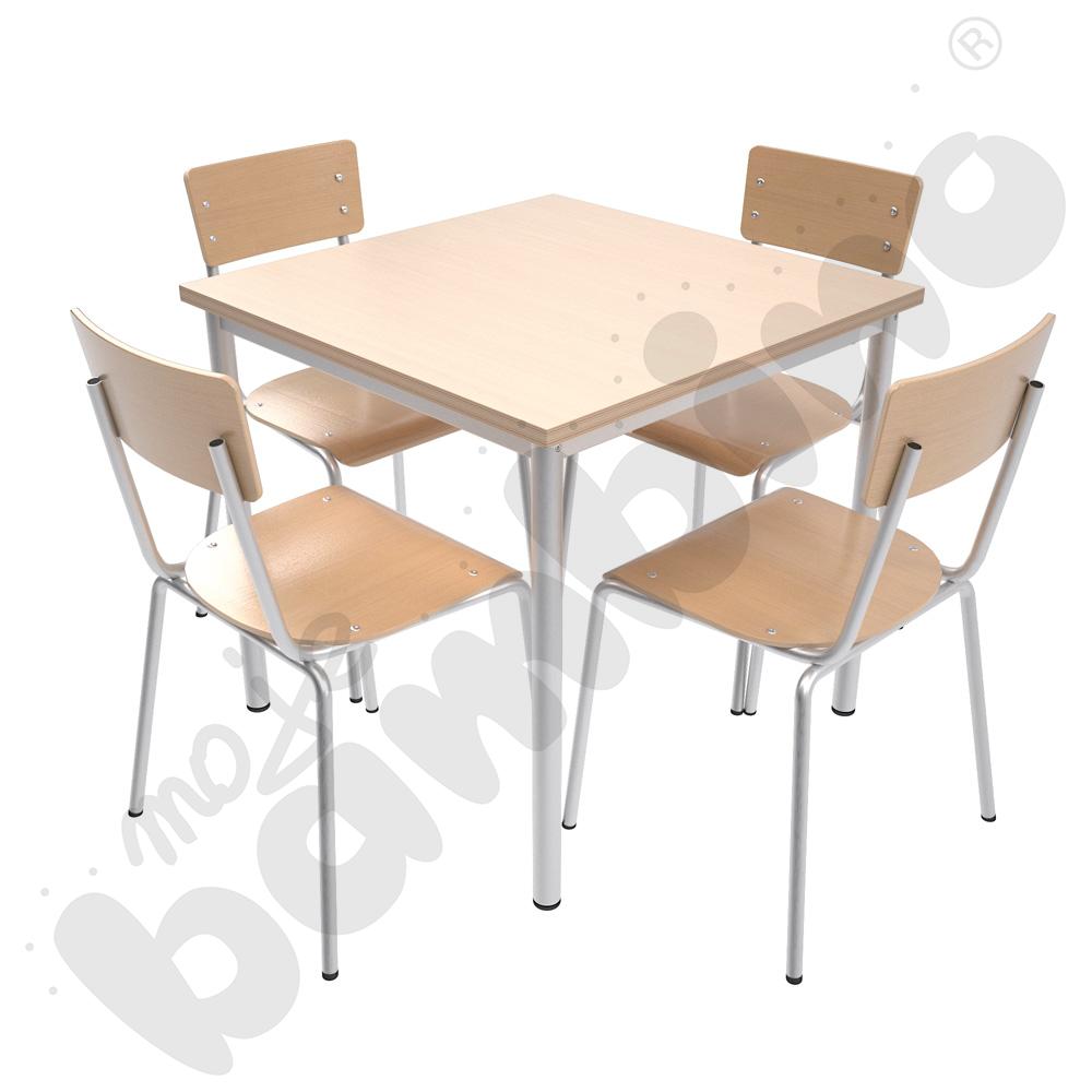 Stół Mila 80 x 80 klon z 4 krzesłami D aluminium