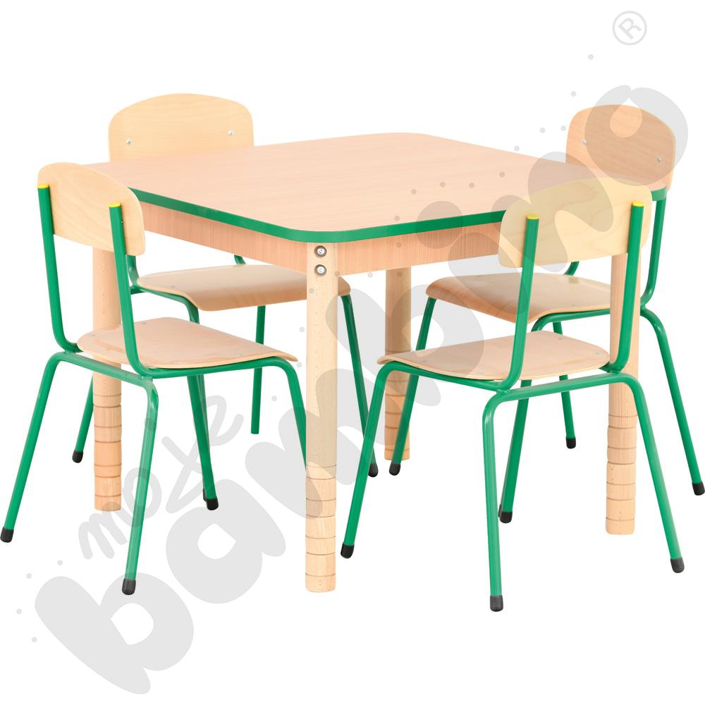 Stół kwadratowy z zielonym obrzeżem z 4 krzesłami Bambino zielonymi, rozm. 3