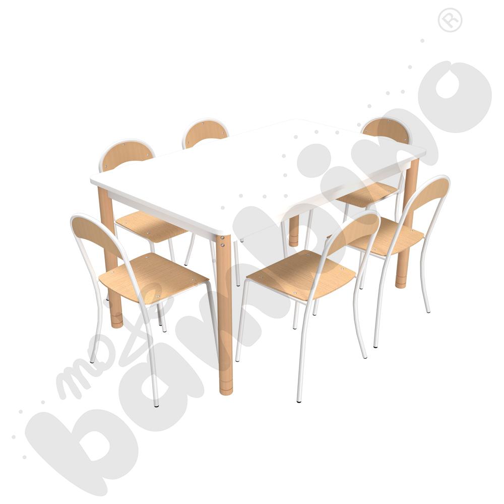 Stół prostokątny biały z reg. 3-5 z 6 krzesłami P białymi rozm. 4