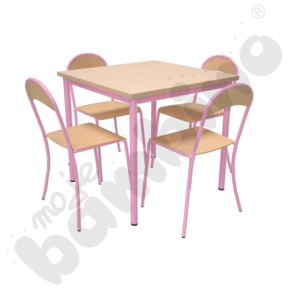 Stół Mila 80 x 80 klon z 4 krzesłami P, rozm. 6, różowe