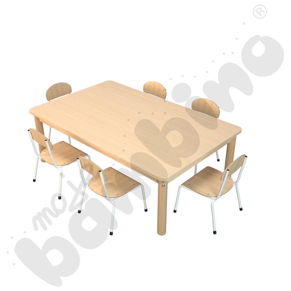 Stół prostokątny klon z klonowym obrzeżem z 6 krzesłami Bambino białymi, rozm. 0