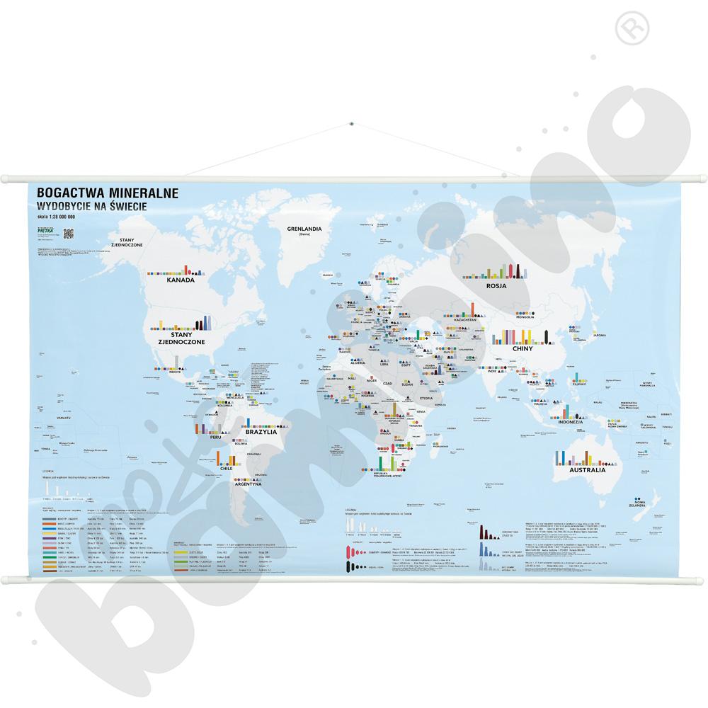 Świat - dwustronna mapa gospodarcza - bogactwa mineralne i wydobycie/układ okresowy pierwiastków, 140 x 85 cm