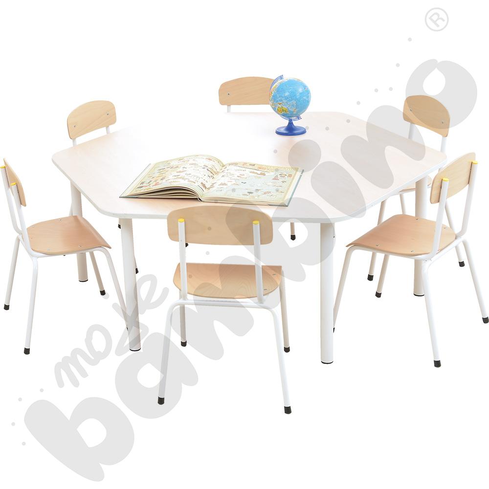 Stół Bambino sześciokątny z białym obrzeżem z 6 krzesłami Bambino białymi, rozm. 3
