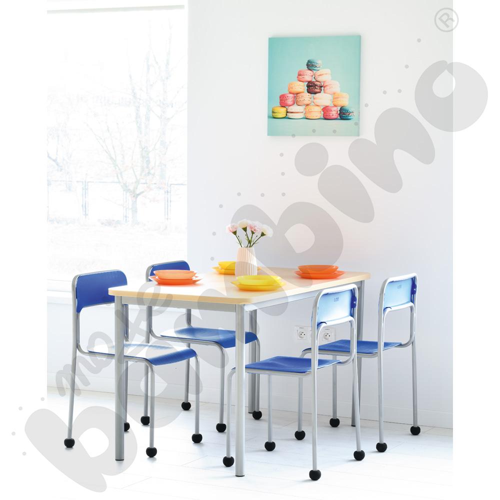 Stół Mila 140 x 70 brzoza z 4 krzesłami Next alu niebieskimi, rozm. 6