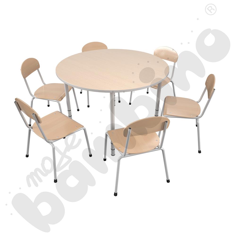 Stół Bambino okrągły z białym obrzeżem z 6 krzesłami Bambino białymi, rozm. 2