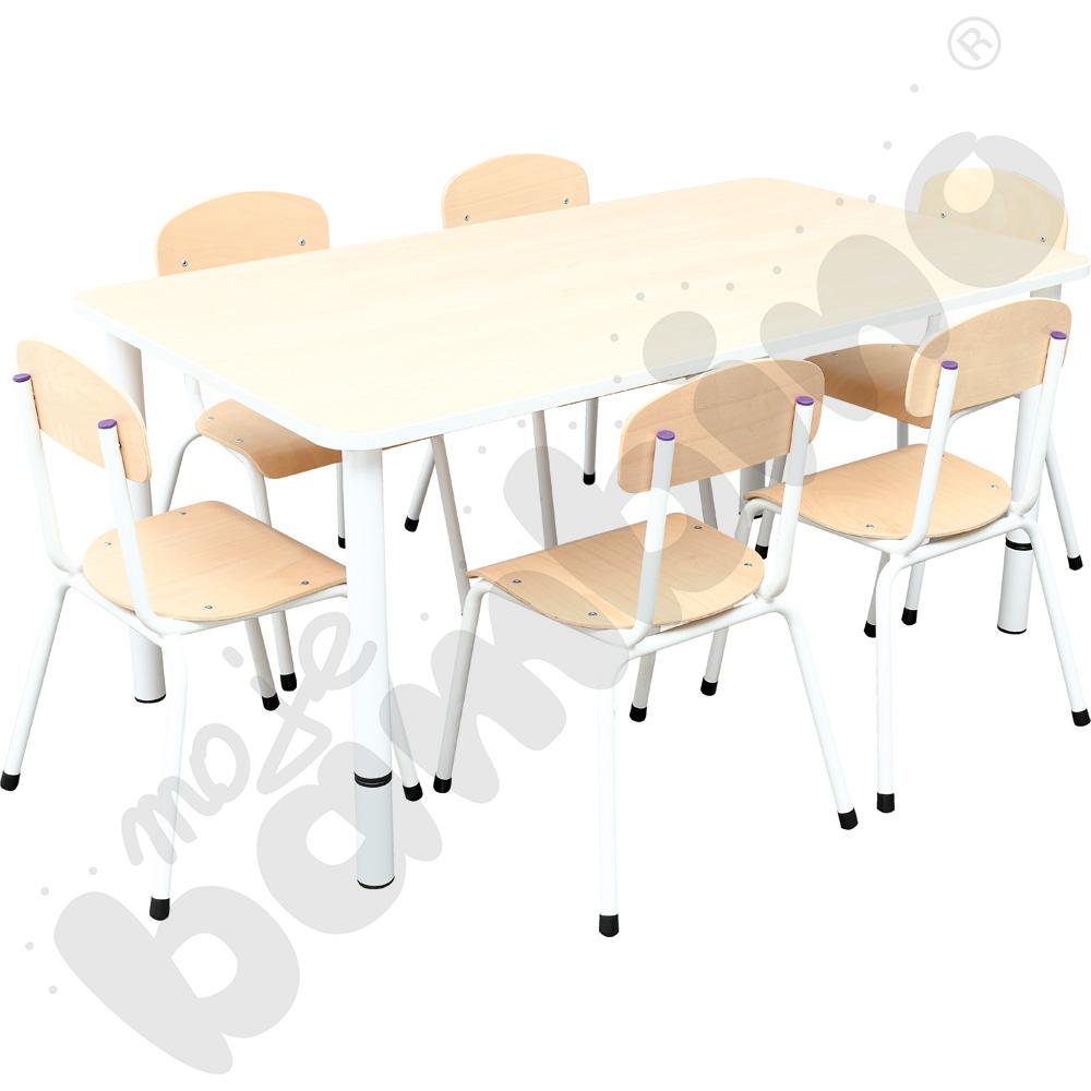 Stół Bambino prostokątny reg. 0-3 z białym obrzeżem z 6 krzesłami Bambino białymi, rozm. 2
