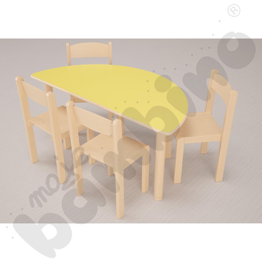Stół Flexi półokrągły żółty z 4 krzesłami Filipek bukowymi, rozm. 3