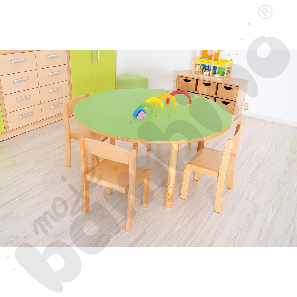 Stół Flexi okrągły zielony z 4 krzesłami Krzyś bukowymi