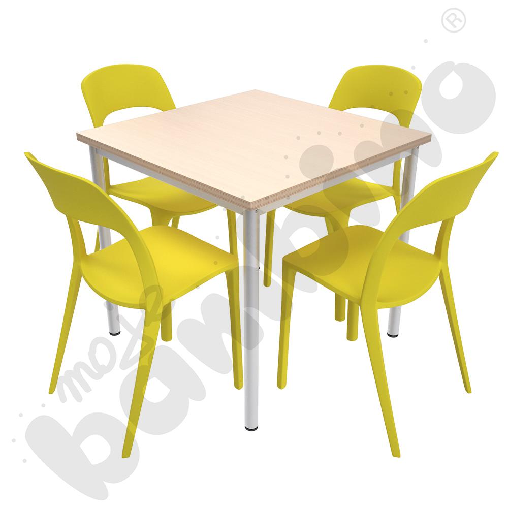 Stół Mila 80 x 80 klon z 4 krzesłami Felix żółtymi, rozm. 6