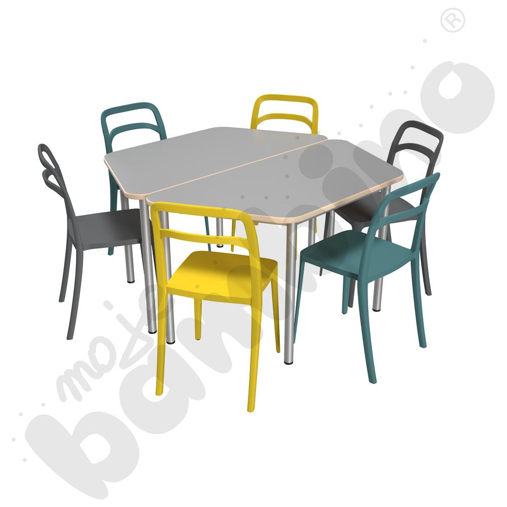 Stół Mila trapezowy szary HPL z 6 krzesłami Leon mix 3 kolorów, rozm. 6
