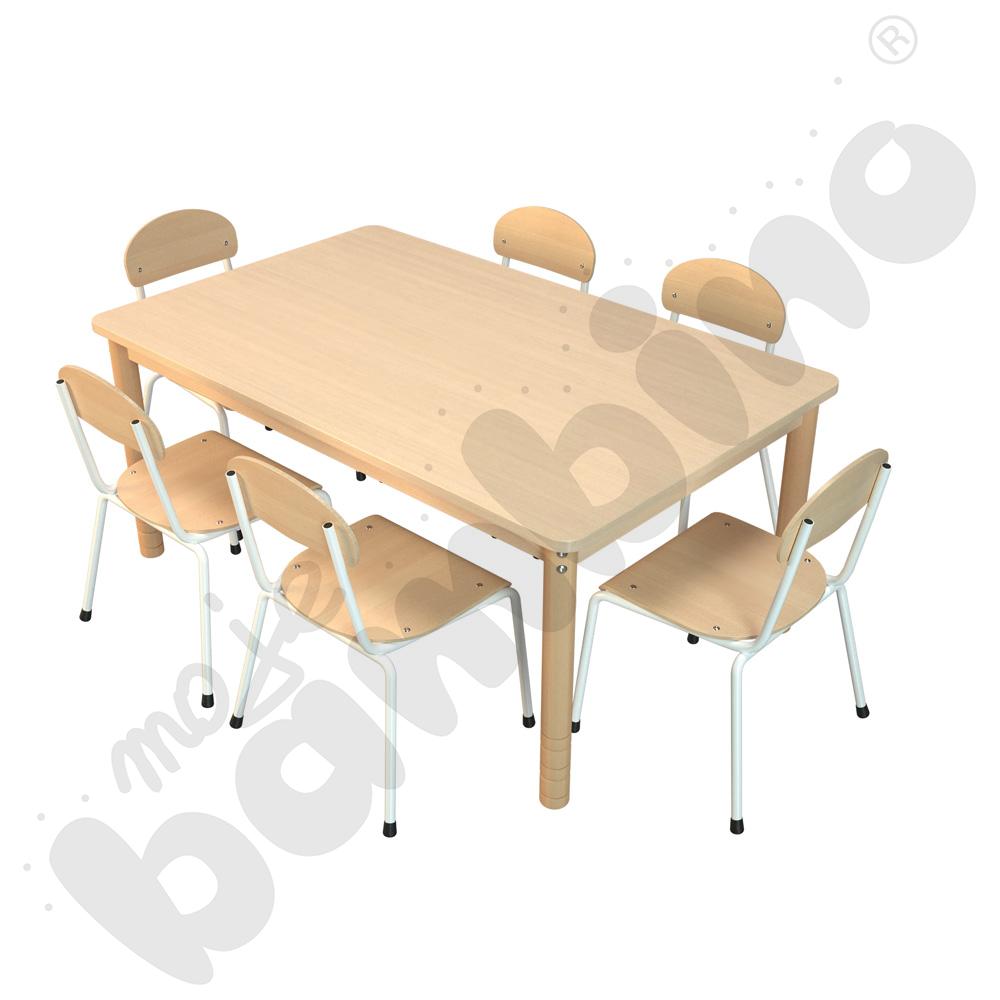 Stół prostokątny klon z klonowym obrzeżem z 6 krzesłami Bambino białymi, rozm. 2