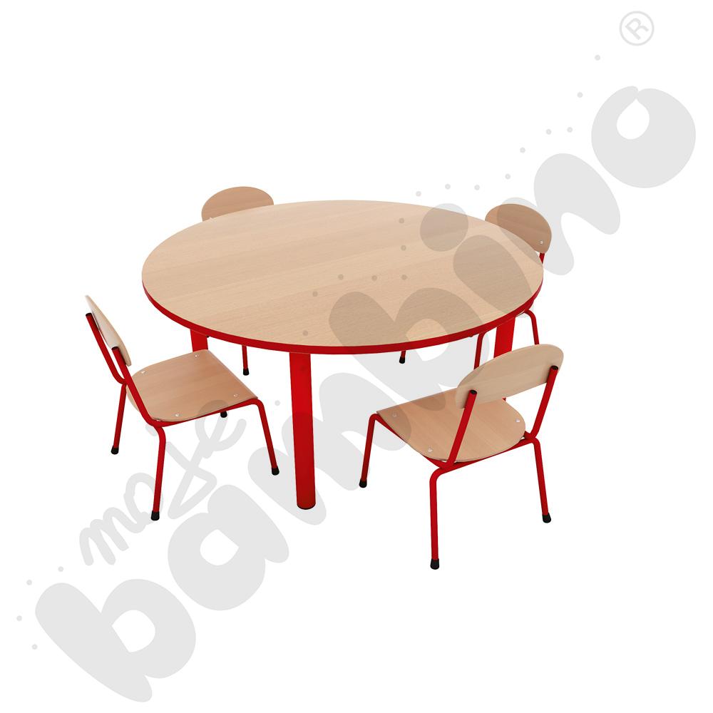 Stół Bambino okrągły z czerwonym obrzeżem z 4 krzesłami Bambino czerwonymi, rozm. 0