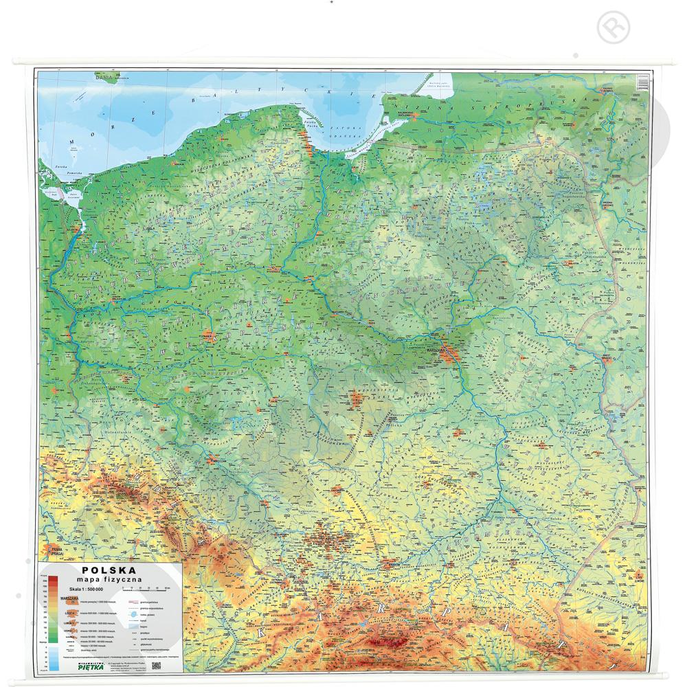 Polska - dwustronna mapa fizyczna/konturowa, 150 x 150 cm