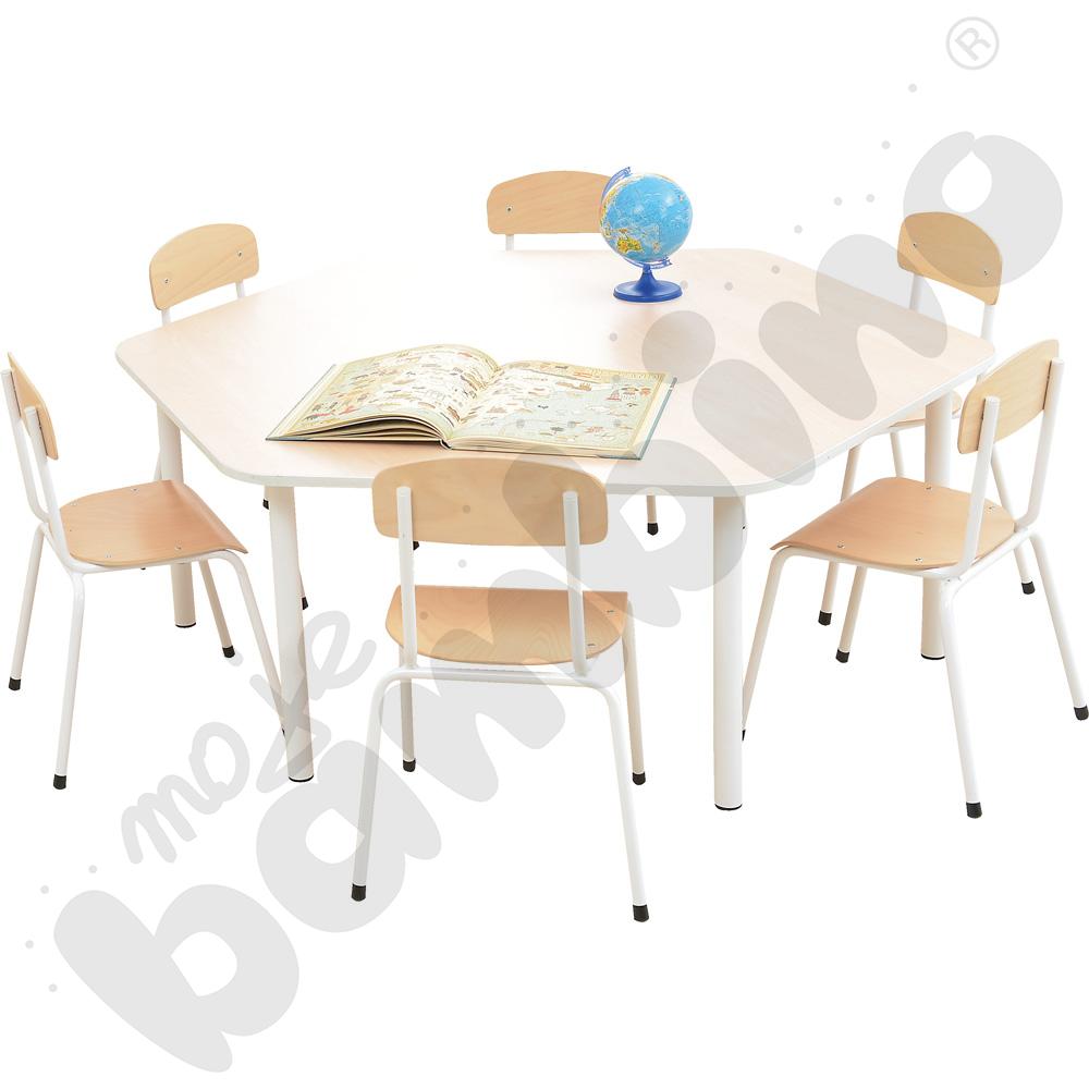 Stół Bambino sześciokątny z białym obrzeżem z 6 krzesłami Bambino białymi, rozm. 0