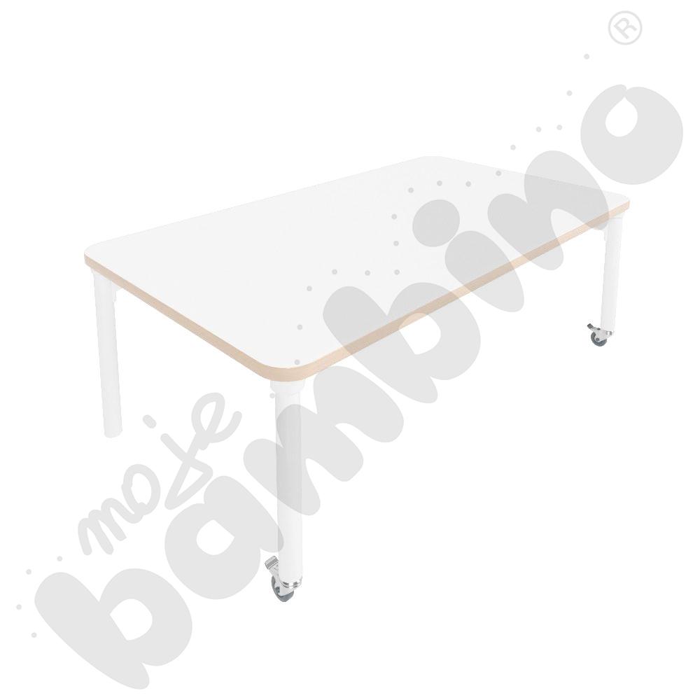 Stół Marcus 140 x 80 cm, rozm. 2, nogi drewniane białe z 2 kółkami, blat HPL biały, obrzeże ABS