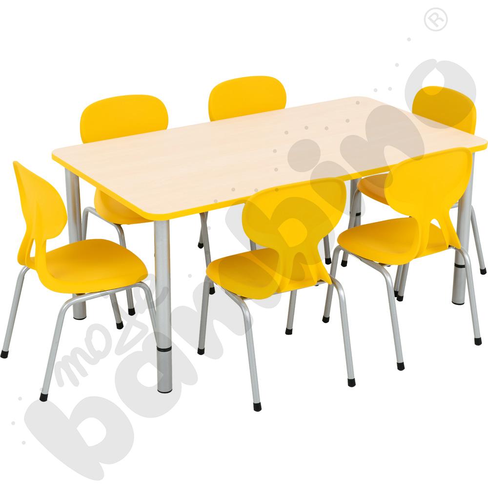 Stół Quadro z reg. wys. prostokątny z żółtym obrzeżem z 6 krzesłami Colores żółtymi, rozm. 2