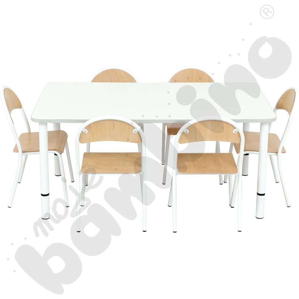 Stół Quadro z reg. wys. prostokątny z szarym obrzeżem z 6 krzesłami P białymi, rozm. 2 Stół Quadro z reg. wys. prostokątny z szarym obrzeżem z 6 krzesłami P białymi, rozm. 2