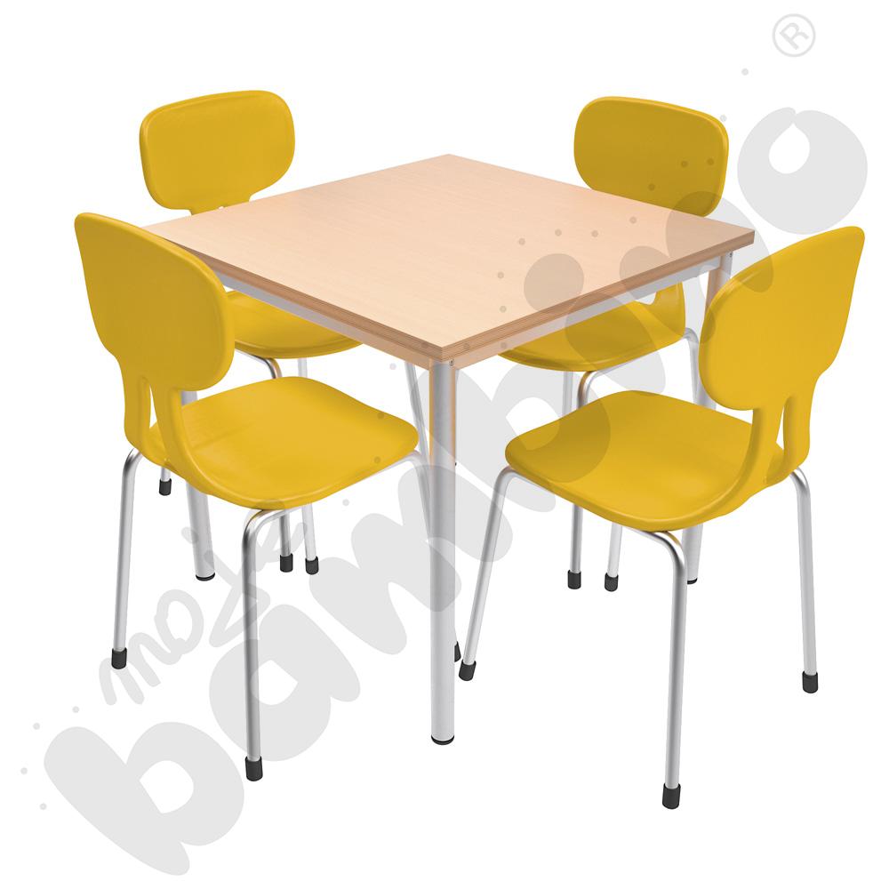 Stół Mila 80 x 80 klon z 4 krzesłami Colores zółtymi, rozm. 6