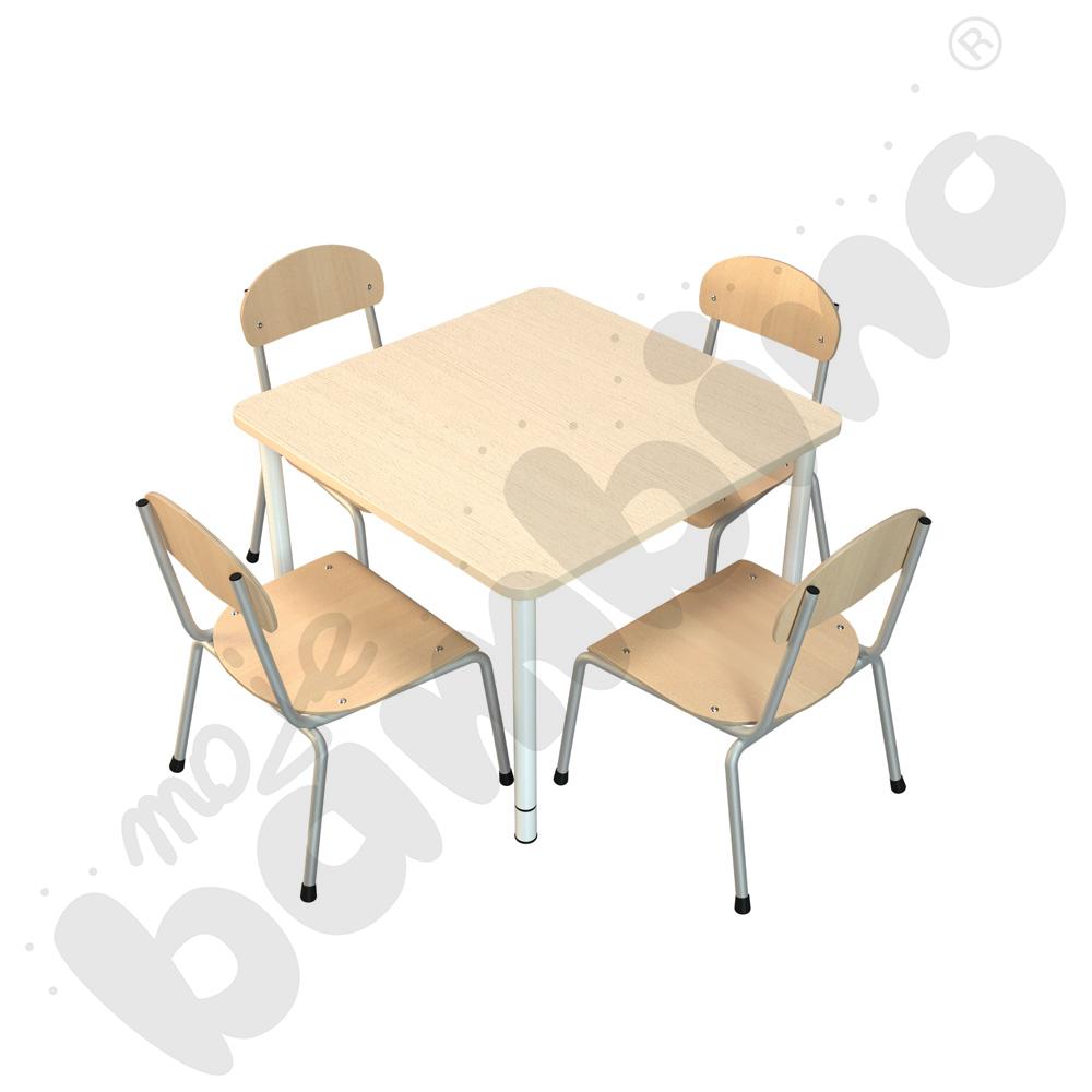 Stół Bambino kwadratowy reg. 0-3 z klonowym obrzeżem z 4 krzesłami Bambino srebrnymi, rozm. 1