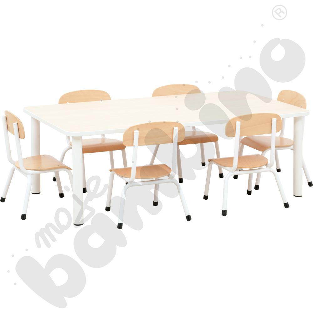 Stół Bambino prostokątny reg. 0-3 z białym obrzeżem z 6 krzesłami Bambino białymi, rozm. 0