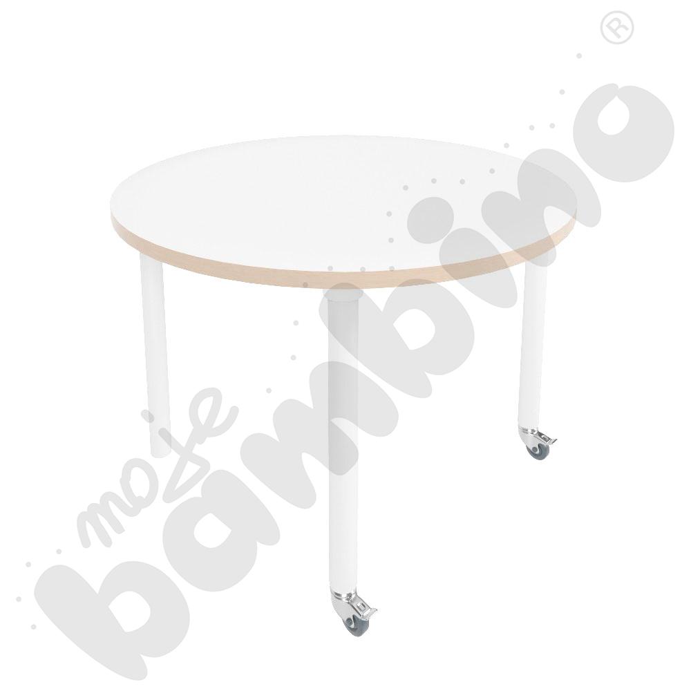 Stół Marcus śr. 90 cm, rozm. 4, nogi drewniane białe z 2 kółkami, blat HPL biały, obrzeże ABS