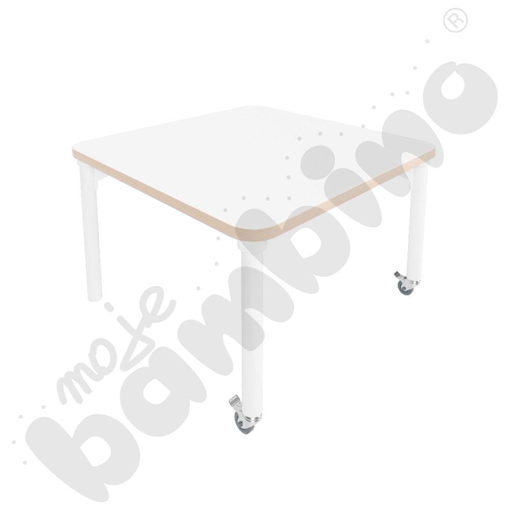 Stół Marcus 80 x 80 cm, rozm. 2, nogi drewniane białe z 2 kółkami, blat HPL biały, obrzeże ABS