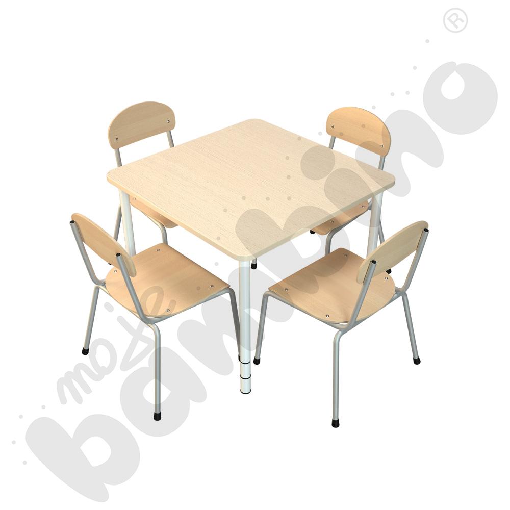 Stół Bambino kwadratowy reg. 0-3 z klonowym obrzeżem z 4 krzesłami Bambino srebrnymi, rozm. 2