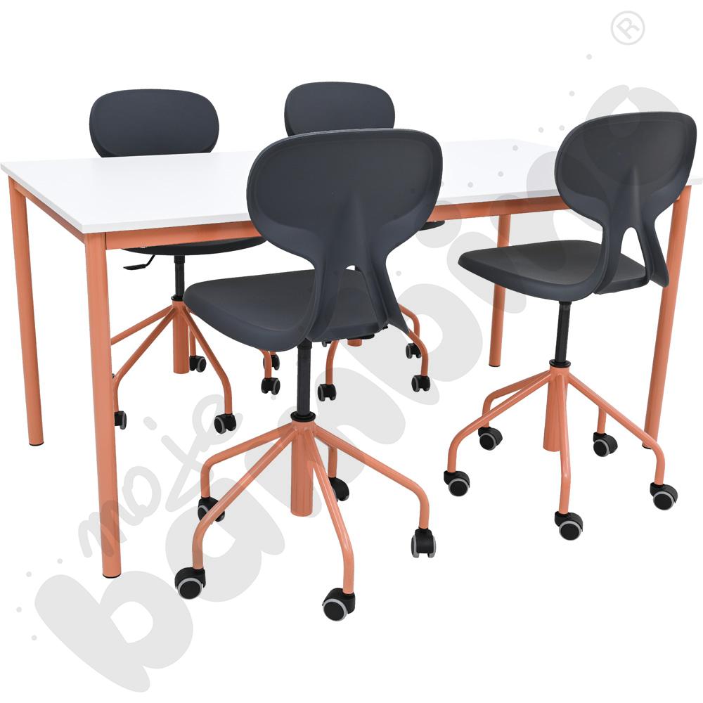 Stół Mila 160 x 80 biały, stelaż łososiowy, z 4 krzesłami Piano szaro-łososiowymi, rozm. 6
