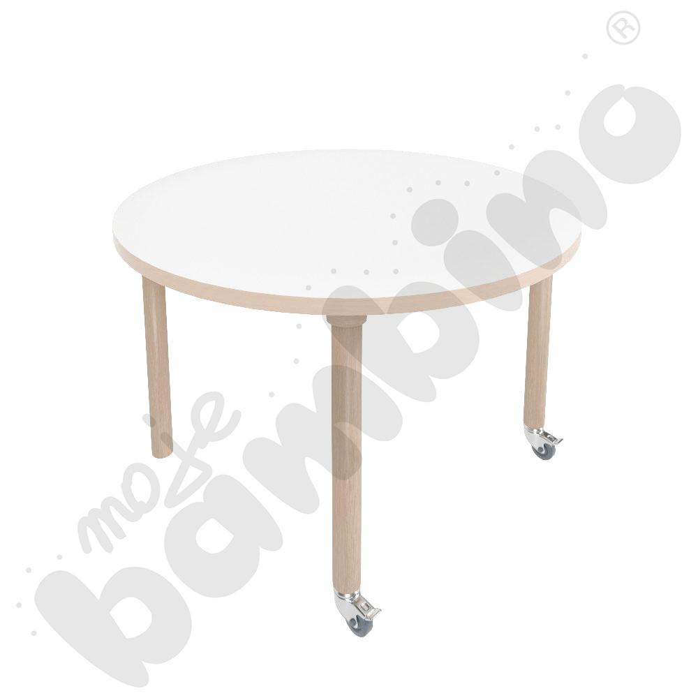 Stół Marcus śr. 90 cm, rozm. 3, nogi drewniane brzozowe z 2 kółkami, blat HPL biały, obrzeże ABS