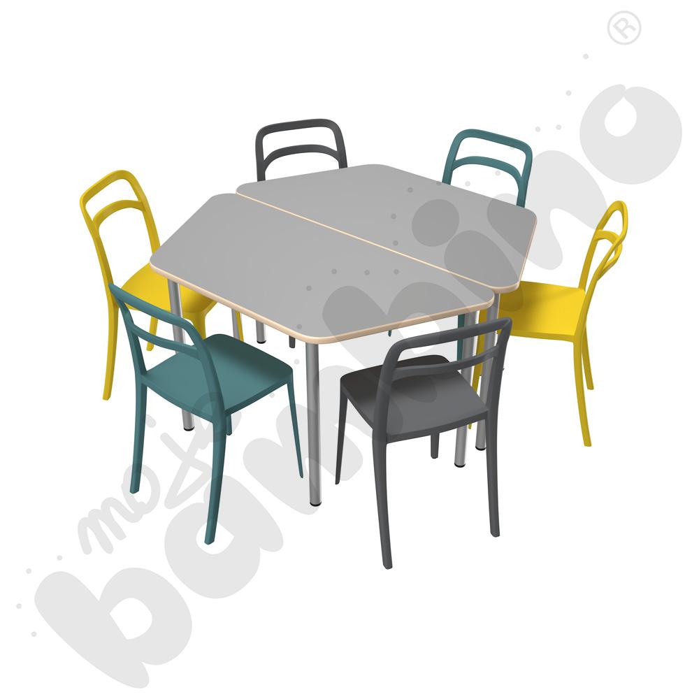 Stół Mila trapezowy szary HPL z 6 krzesłami Leon mix 3 kolorów, rozm. 6