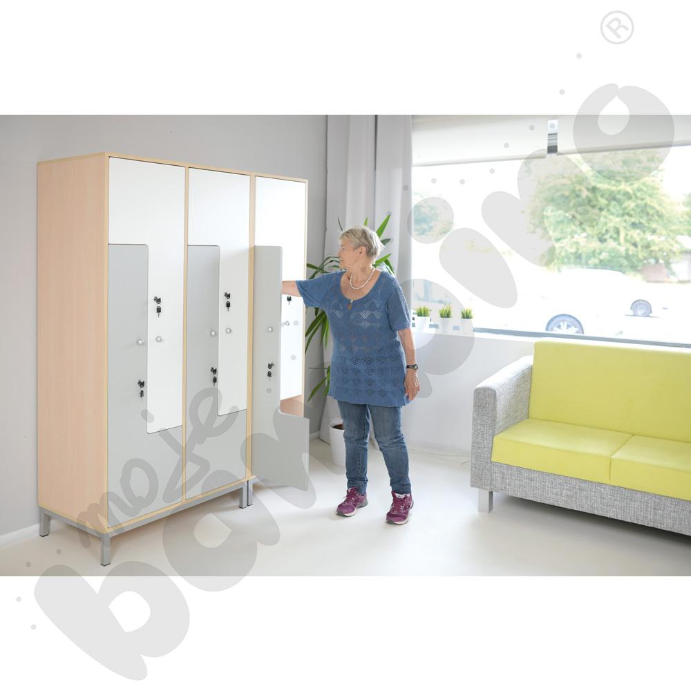 Szafa ubraniowa L z 4 schowkami i drzwiami biało-szarymi   Szafa ubraniowa L z 4 schowkami i drzwiami biało-szarymi