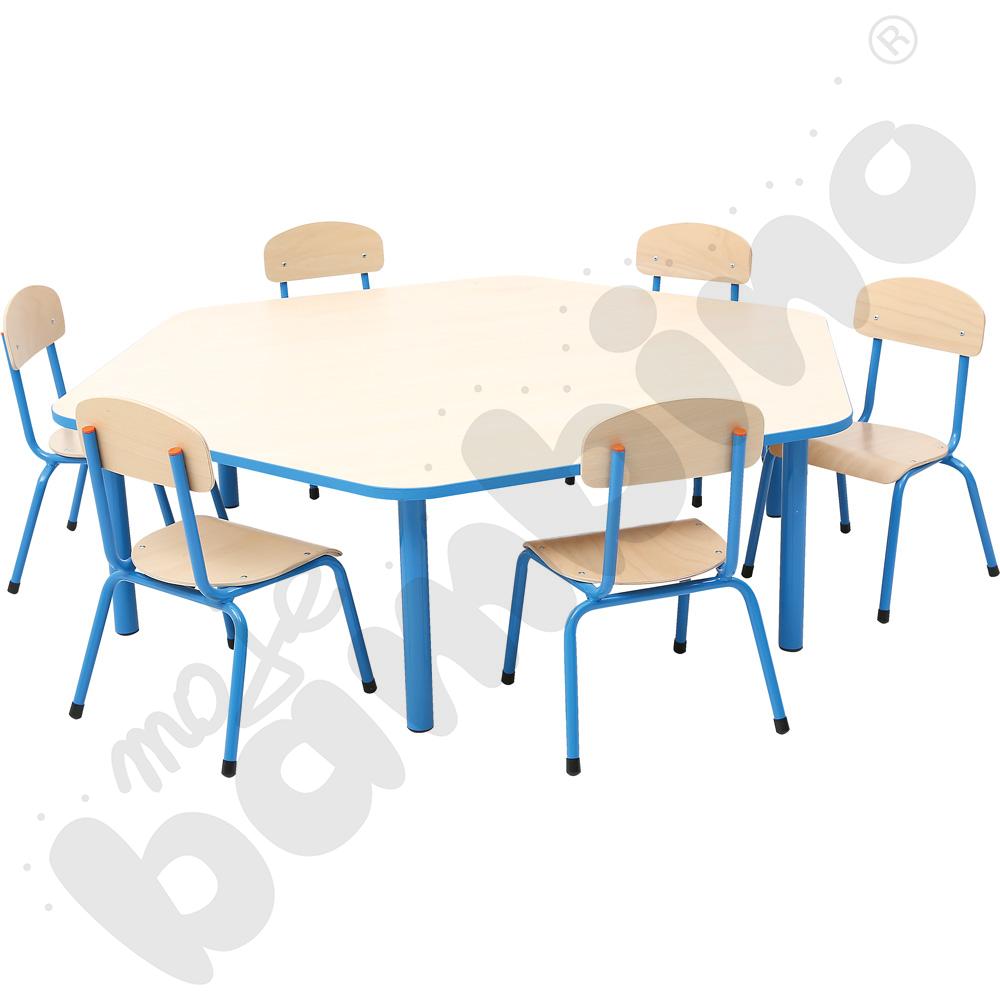 Stół Bambino sześciokątny z niebieskim obrzeżem z 6 krzesłami Bambino niebieskimi , rozm. 1