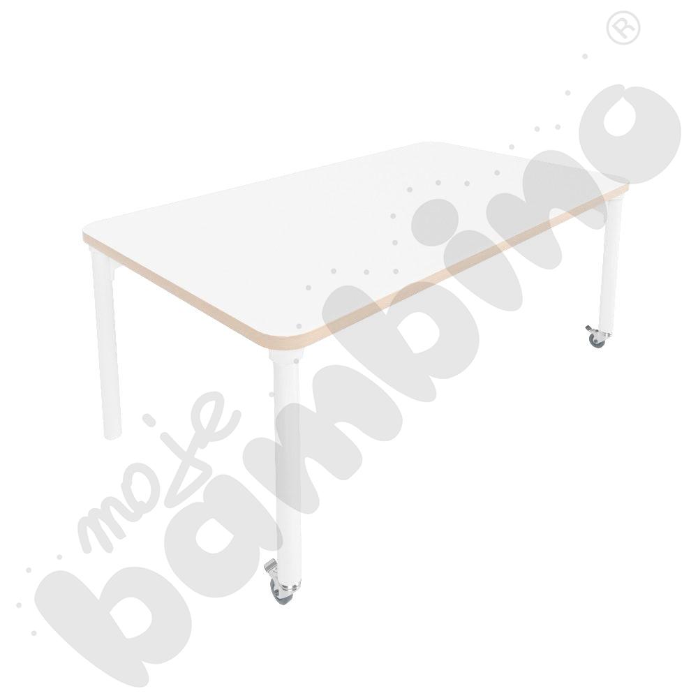 Stół Marcus 140 x 80 cm, rozm. 3, nogi drewniane białe z 2 kółkami, blat HPL biały, obrzeże ABS
