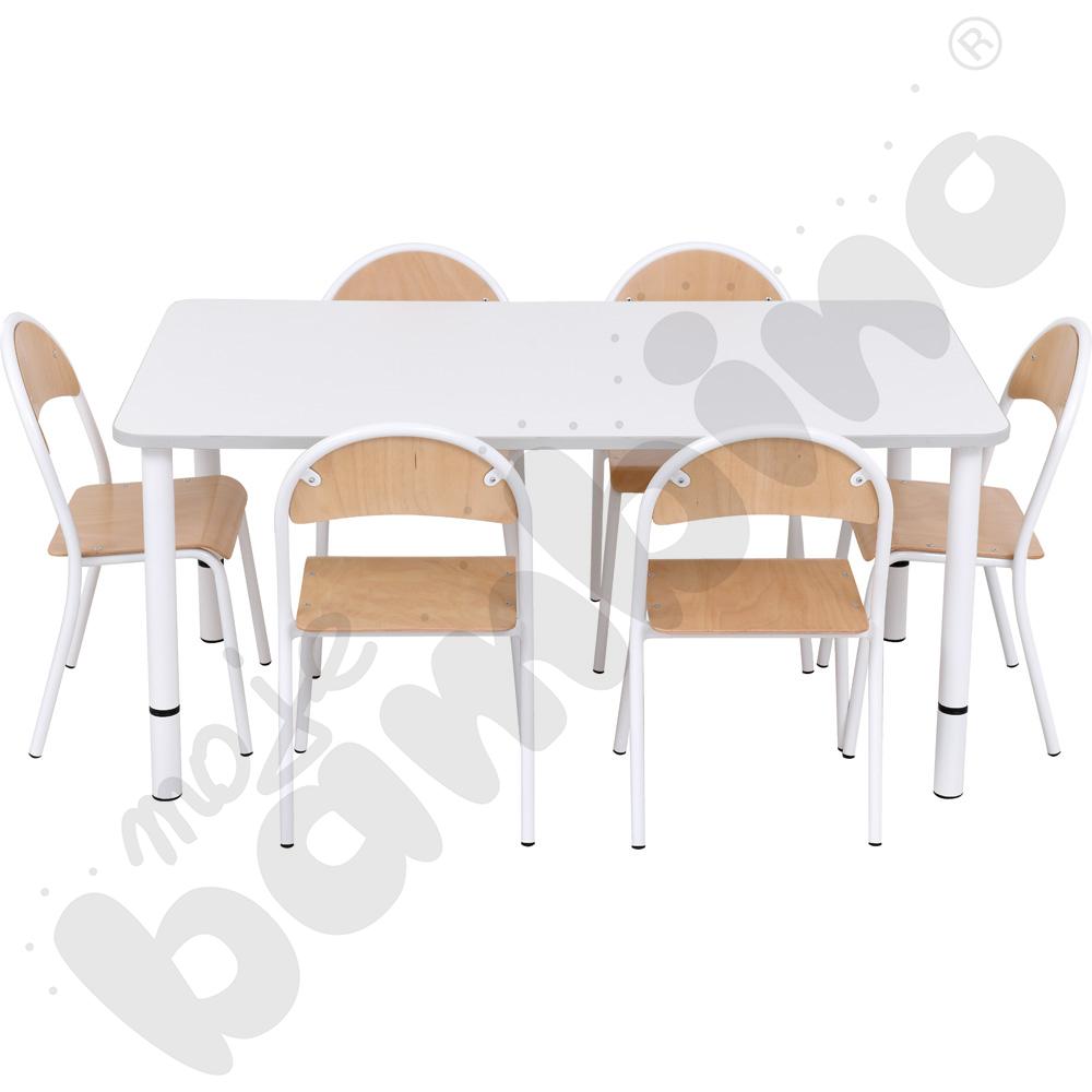 Stół Quadro z reg. wys. prostokątny z szarym obrzeżem z 6 krzesłami P białymi, rozm. 2