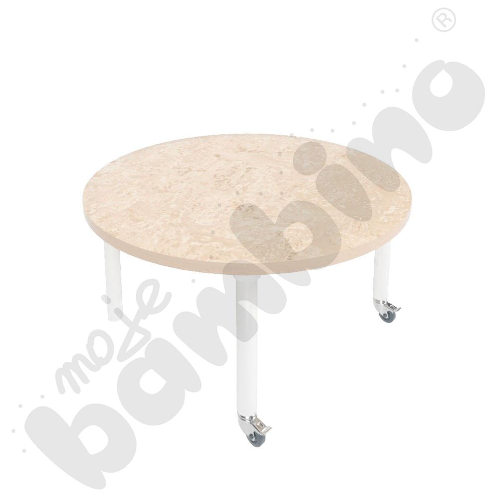 Stół Marcus śr. 90 cm, rozm. 1, nogi drewniane białe z 2 kółkami, blat cichy beżowy, obrzeże ABS