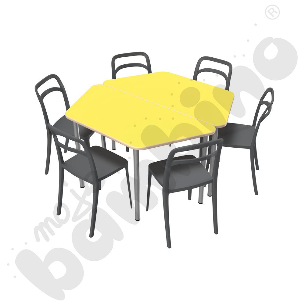 Stół Mila trapezowy żółty HPL z 6 krzesłami Leon szarymi, rozm. 6