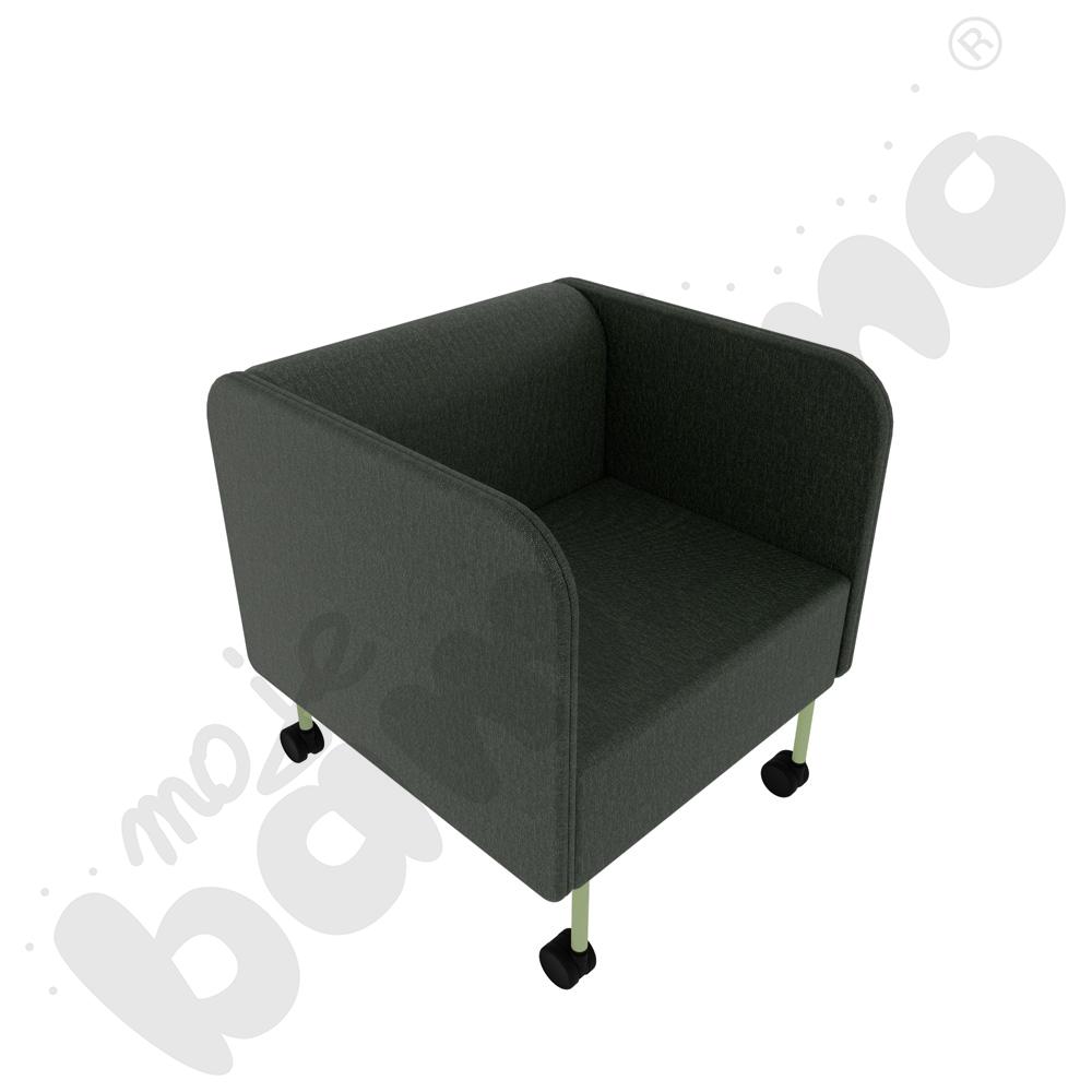 Fotel Versa z kółkami na miękką powierzchnię, stelaż oliwkowy, tkanina RO33