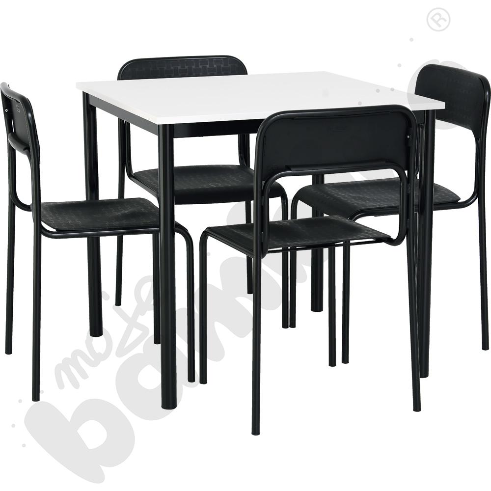 Stół Mila 80 x 80 biały, stelaż czarny, z 4 krzesłami Next black, rozm. 6