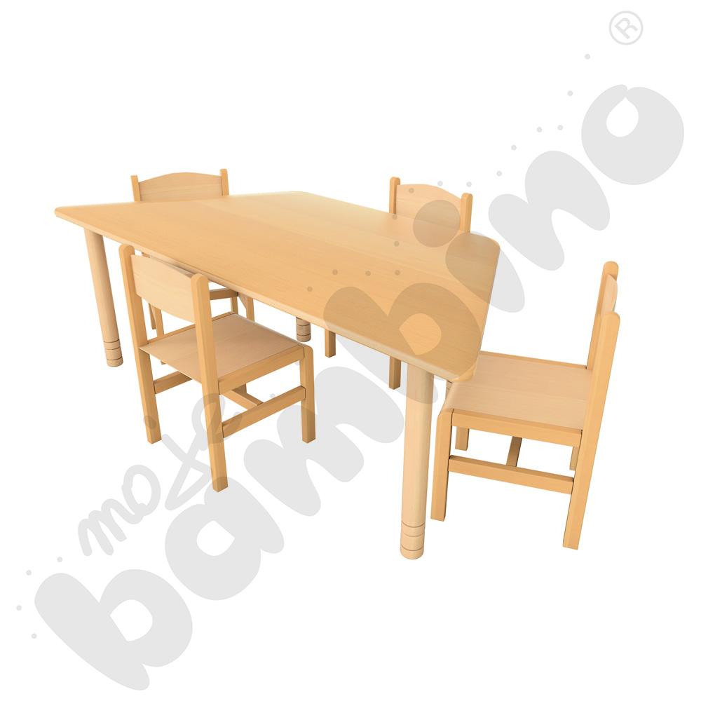 Stół Flexi trapez buk z 4 krzesłami drewnianymi bukowymi, rozm. 3