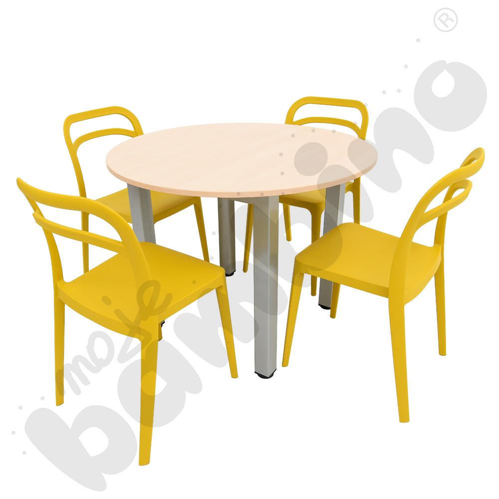 Stół Grande okrągły klon z 4 krzesłami Leon musztardowymi, rozm. 6