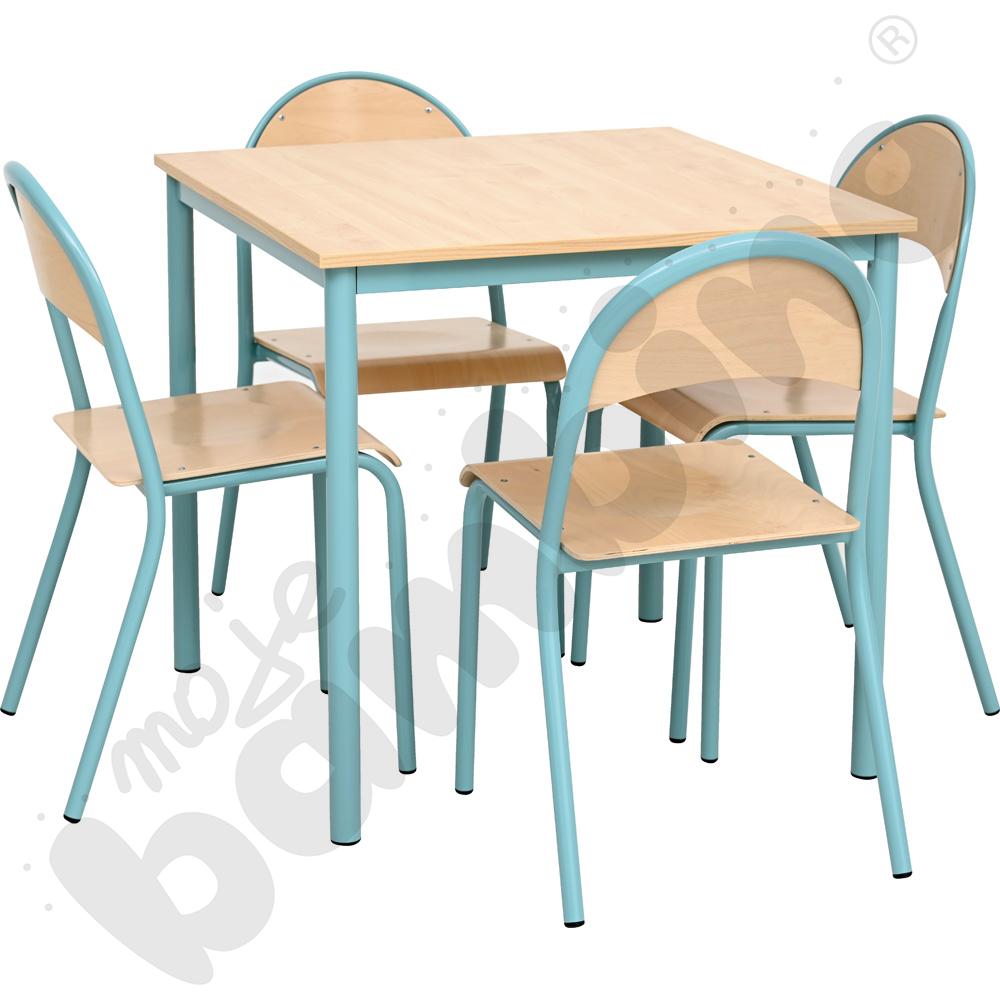 Stół Mila 80 x 80 klon z 4 krzesłami P, rozm. 6, turkusowe