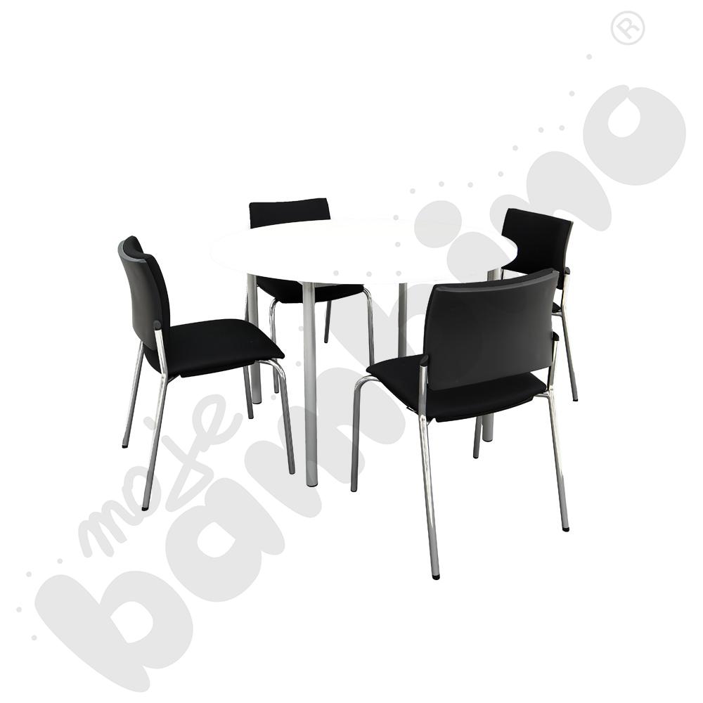 Stół Mila okrągły biały z 4 krzesłami INTRATA lucia czarnymi, rozm. 6
