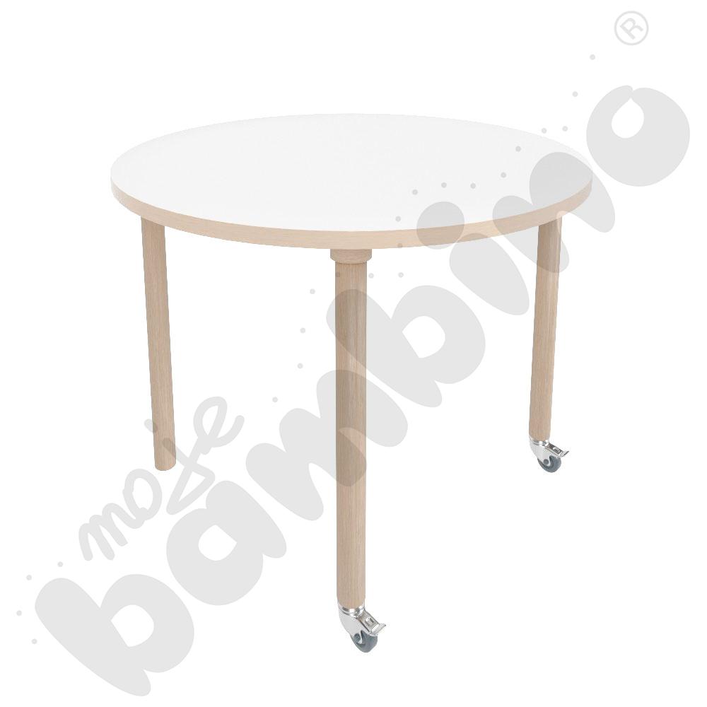 Stół Marcus śr. 90 cm, rozm. 5, nogi drewniane brzozowe z 2 kółkami, blat biały, obrzeże ABS